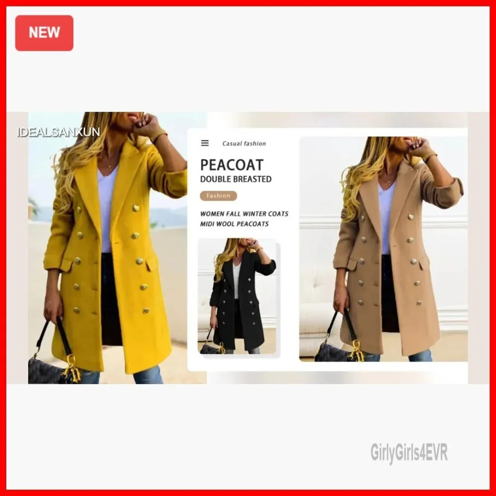 Wool Pea Coat Double Breasted Midi Trench Coat Fall Winter Slim Fit - Picture 5 of 5